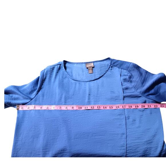 CHICO'S 2 Blouse Top Light Satin Front Panel Flowy LG Periwinkle Blue 3/4 Sleeve - Picture 6 of 9